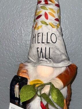 Rae Dunn Hello Fall Gnome Plush with Orange Outfit and Green Leaves